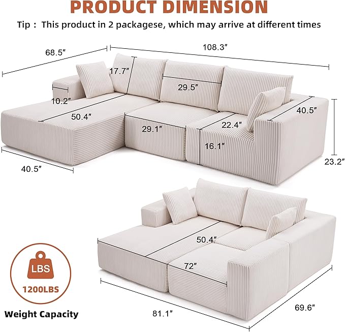 108” Modular Sectional Sofa,Cloud Sectional Couch Modern Modular L-Shape Sofa Couch