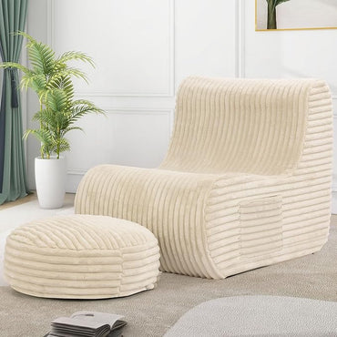 Beige Soft Bean Bag Couch for Adults with Ottoman,, High-Resilient Foam  Lazy Sofa