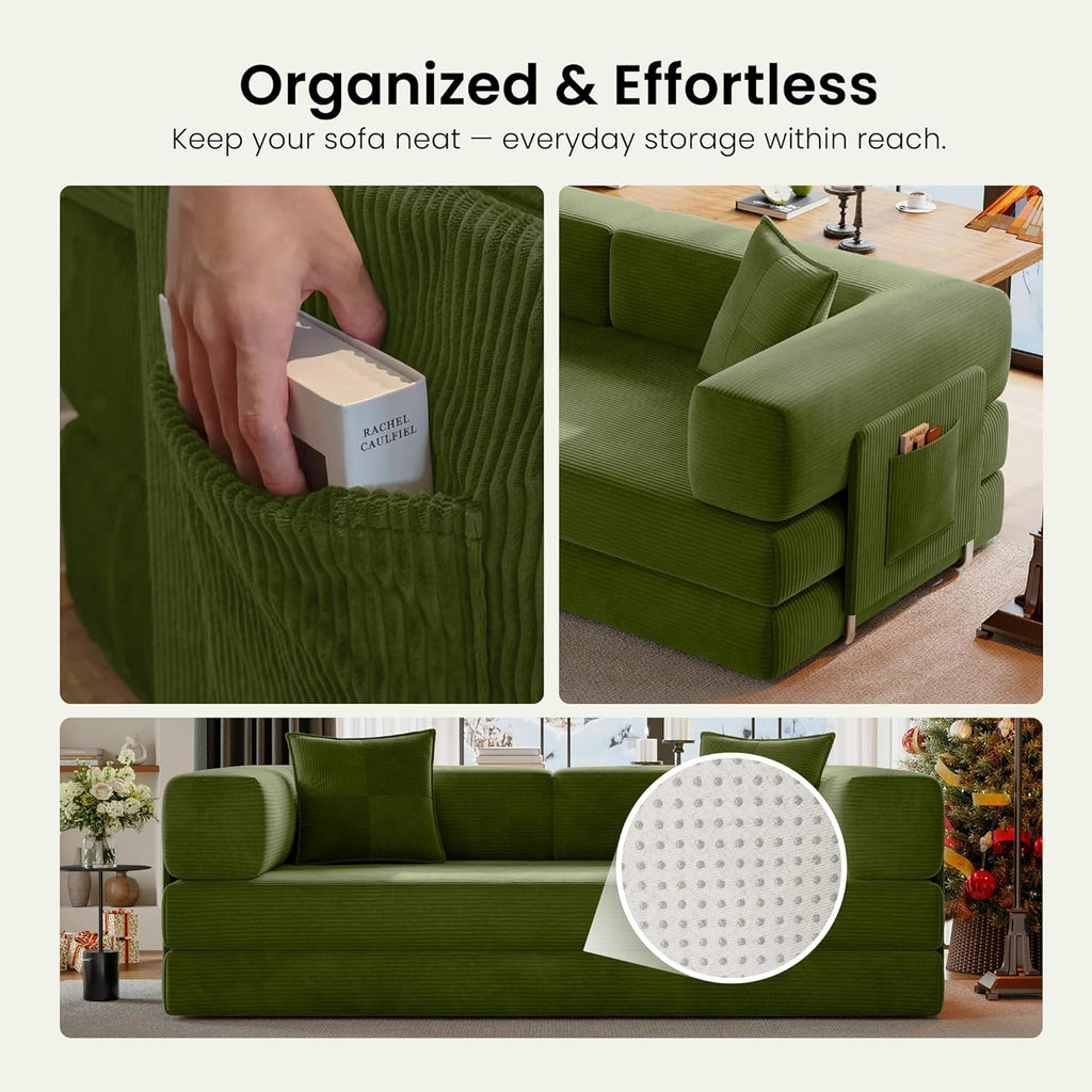 78.8"  Corduroy Boneless Convertible Sleeper Futon Sofa with Storage Pocket