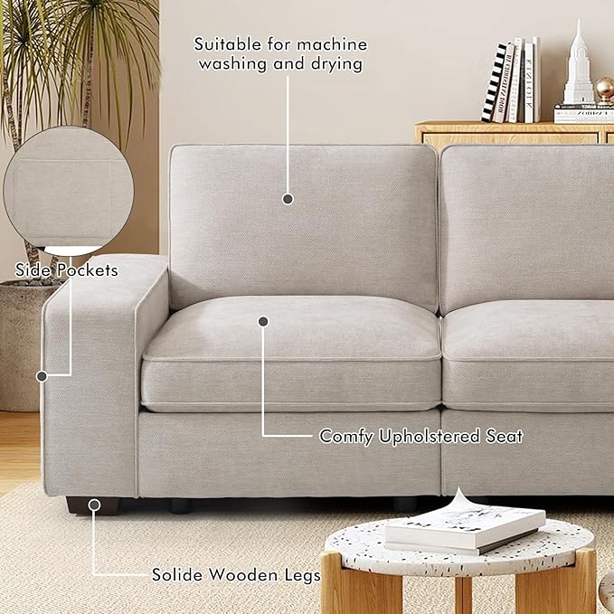 100" 3 Seats Modular Sofa with Seats Storage, Chenille Fabric Couch USB Charging