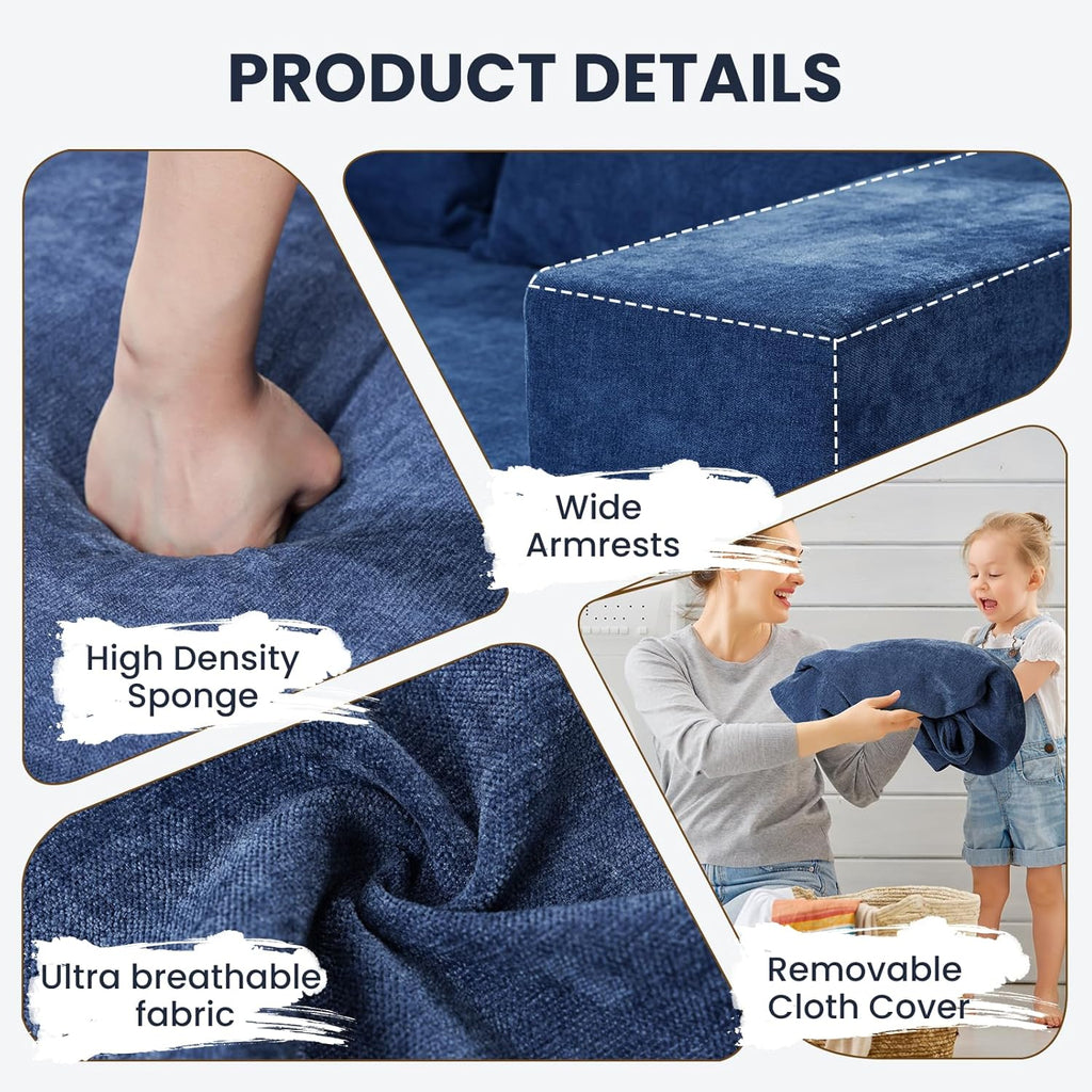 Blue 78” Oversized Corduroy Sofa Bed with Throw Pillows,Comfy Boneless Couch with Removable Ottoman