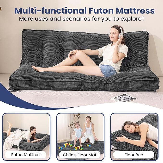 Grey Futon Mattress Full Size, Extra Thick Sofa Bed Adults Foldable Mattress 8"