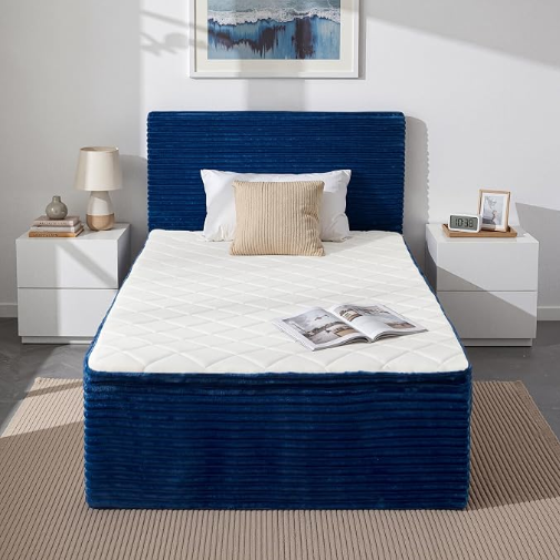 A-024,All‑in‑One Boneless Bed | No Assembly, Upholstered Frame with Headboard, 16.7" Medium‑Firm Memory Foam Mattress, Beige