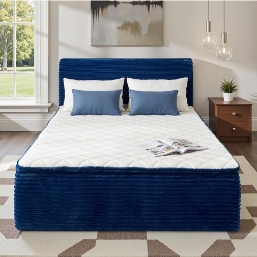 A-024,All‑in‑One Boneless Bed | No Assembly, Upholstered Frame with Headboard, 16.7" Medium‑Firm Memory Foam Mattress, Beige