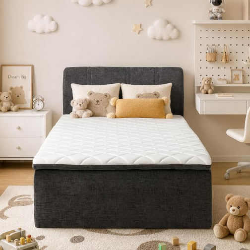 A-024,All‑in‑One Boneless Bed | No Assembly, Upholstered Frame with Headboard, 16.7" Medium‑Firm Memory Foam Mattress, Beige