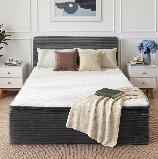 A-024,All‑in‑One Boneless Bed | No Assembly, Upholstered Frame with Headboard, 16.7" Medium‑Firm Memory Foam Mattress, Beige