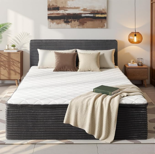 A-024,All‑in‑One Boneless Bed | No Assembly, Upholstered Frame with Headboard, 16.7" Medium‑Firm Memory Foam Mattress, Beige