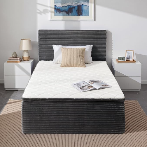 A-024,All‑in‑One Boneless Bed | No Assembly, Upholstered Frame with Headboard, 16.7" Medium‑Firm Memory Foam Mattress, Beige