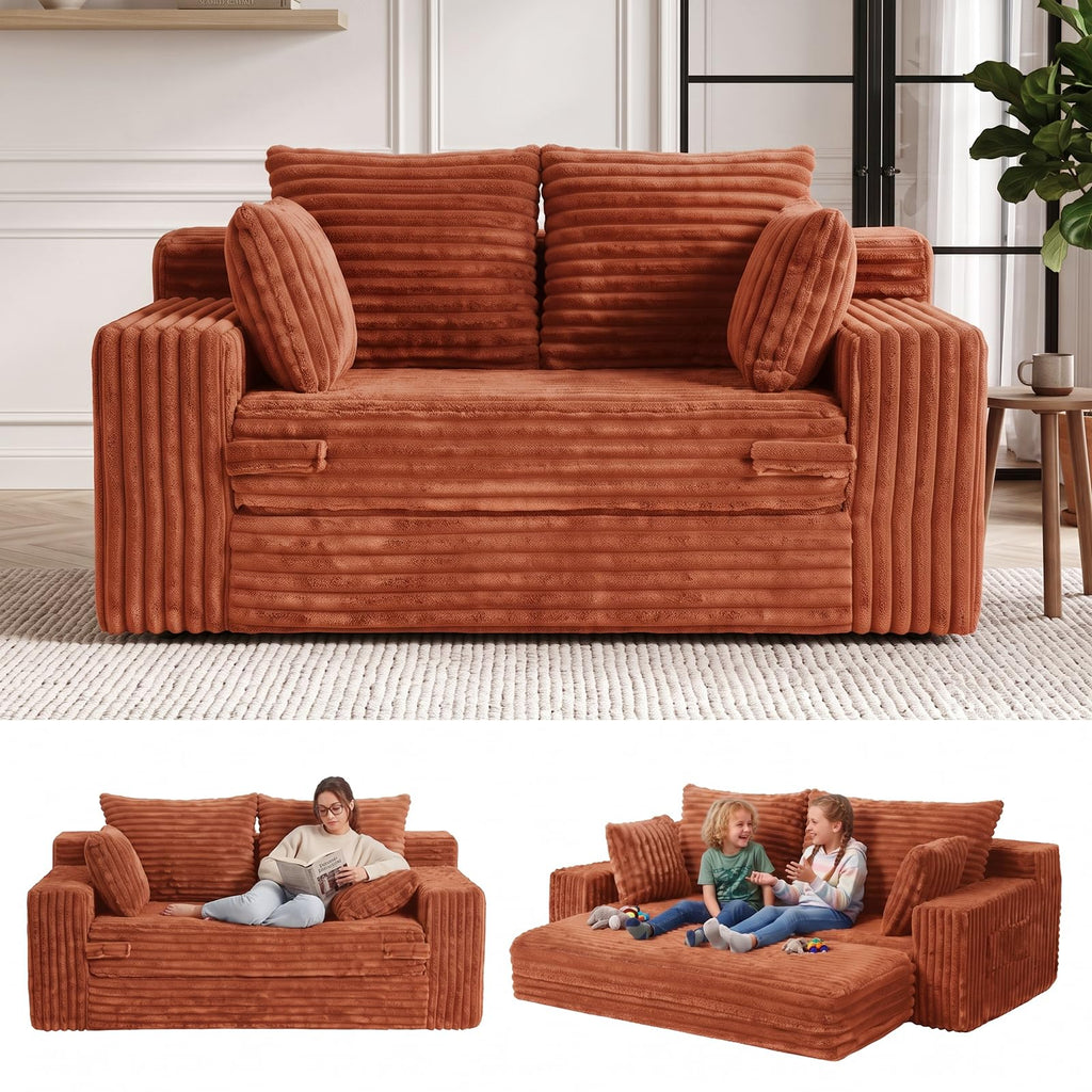 A05,3-in-1 Furry Boneless Sofa Bed, Convertible Loveseat Sleeper with Detachable Cushion & 4 Pillows, No Assembly