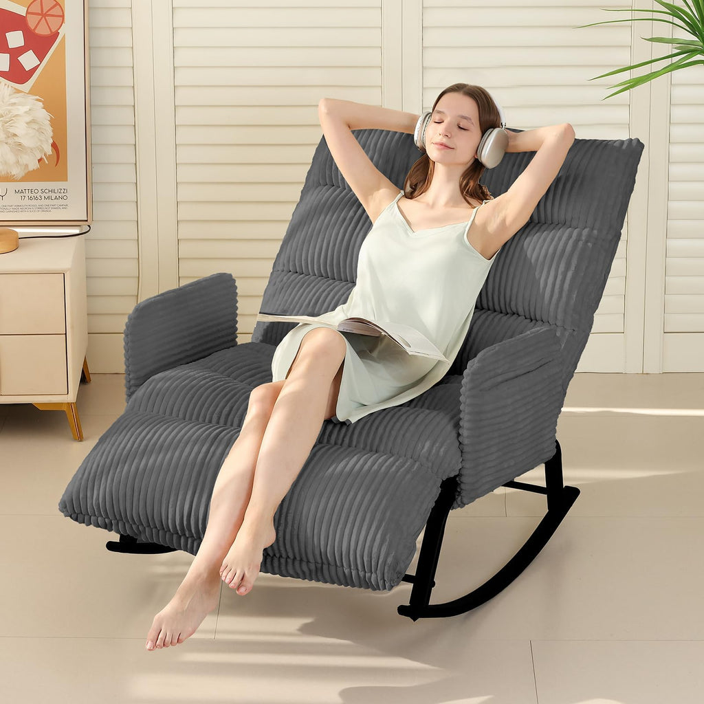 H02,Oversized Corduroy Rocking Chair, Adjustable Backrest & Footrest, Indoor Outdoor Lounge Chair