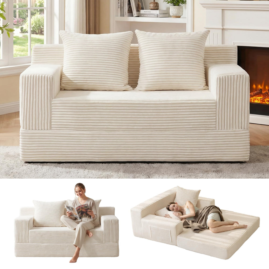 A05,Erament Convertible Corduroy Boneless Sofa Bed, Foldable Floor Futon Loveseat with 2 Pillows