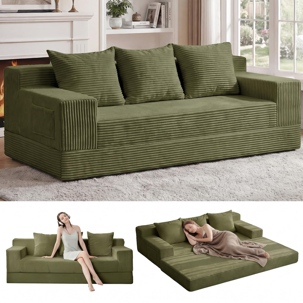 A05,Erament Convertible Corduroy Boneless Sofa Bed, Foldable Floor Futon Loveseat with 2 Pillows