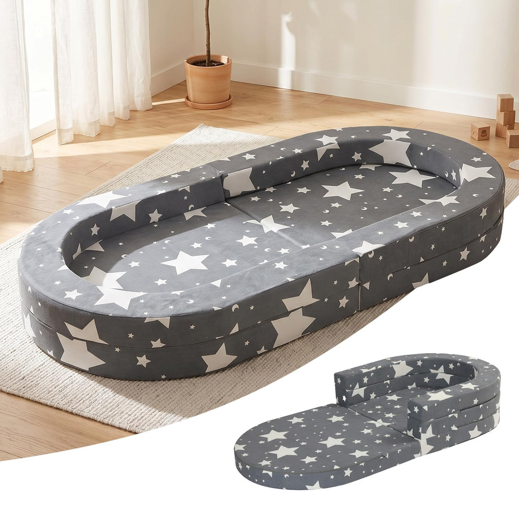 A-015,3-in-1 Foldable Travel Toddler Bed, Soft Foam Floor Lounger with Washable Cover, Star