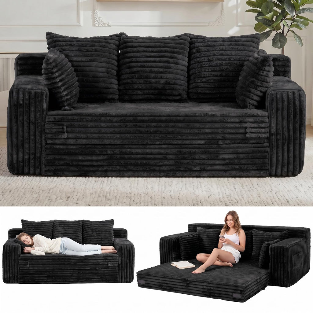 A05,3-in-1 Furry Boneless Sofa Bed, Convertible Loveseat Sleeper with Detachable Cushion & 4 Pillows, No Assembly