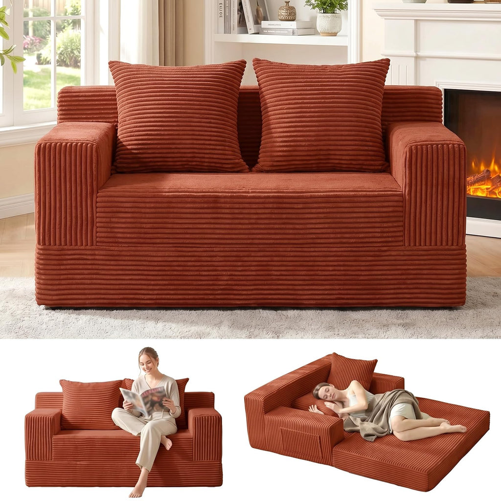 A05,Erament Convertible Corduroy Boneless Sofa Bed, Foldable Floor Futon Loveseat with 2 Pillows