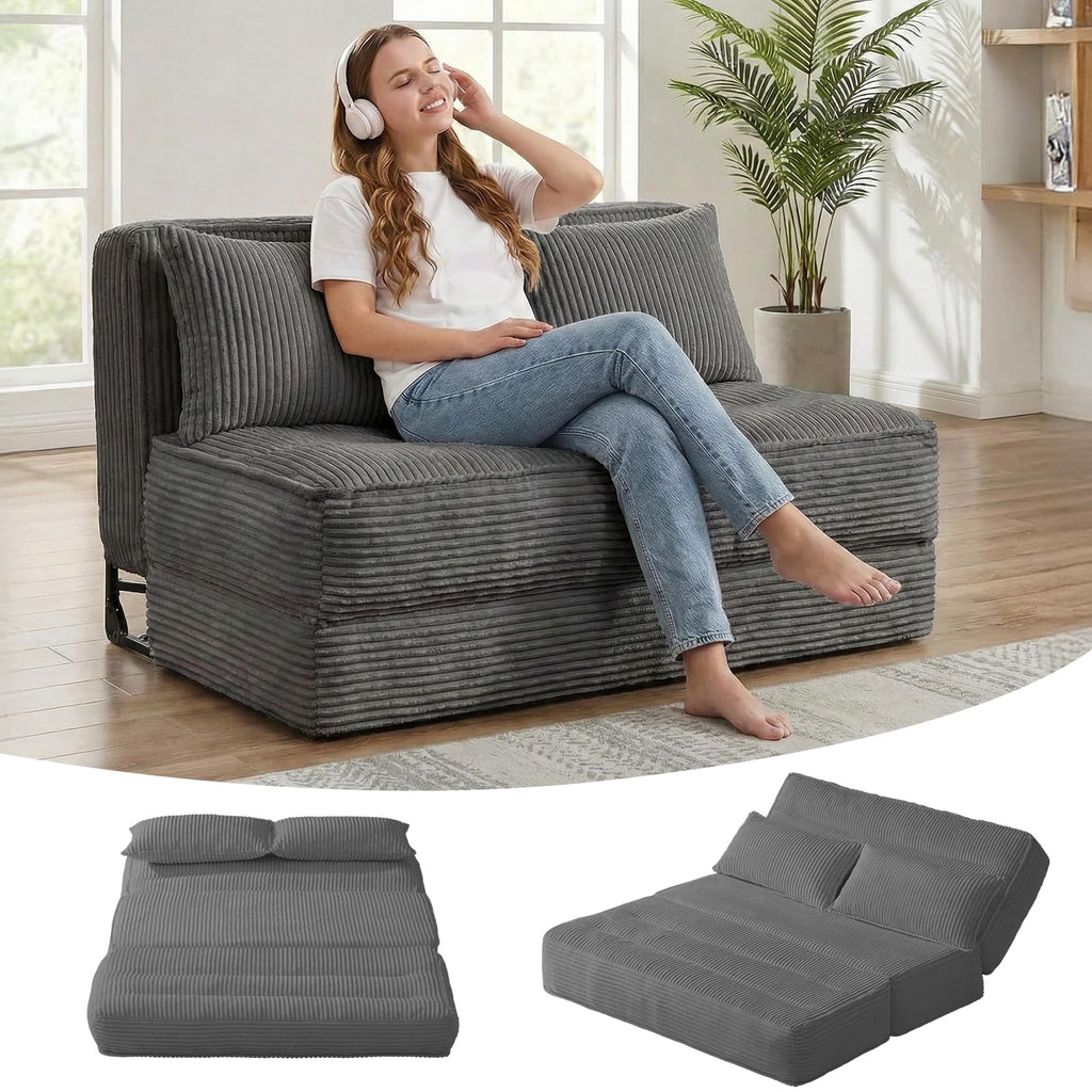 A-003,Convertible Folding Sofa Bed with Fixed Frame, 5-Position Adjustable Backrest, Thick Cushion & 2 Pillows