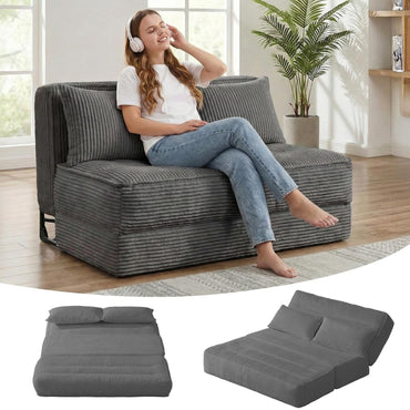 A-003,Convertible Folding Sofa Bed with Fixed Frame, 5-Position Adjustable Backrest, Thick Cushion & 2 Pillows