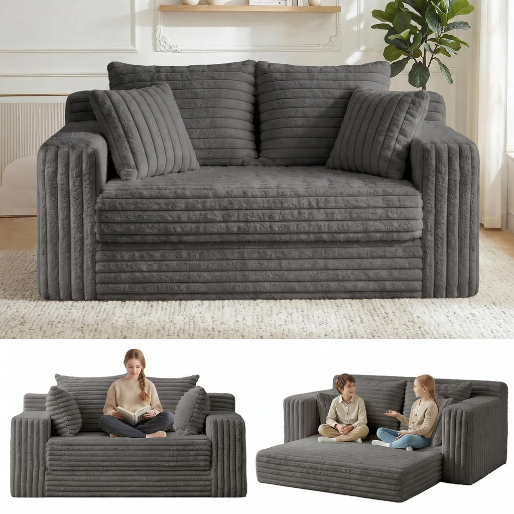A05,3-in-1 Furry Boneless Sofa Bed, Convertible Loveseat Sleeper with Detachable Cushion & 4 Pillows, No Assembly