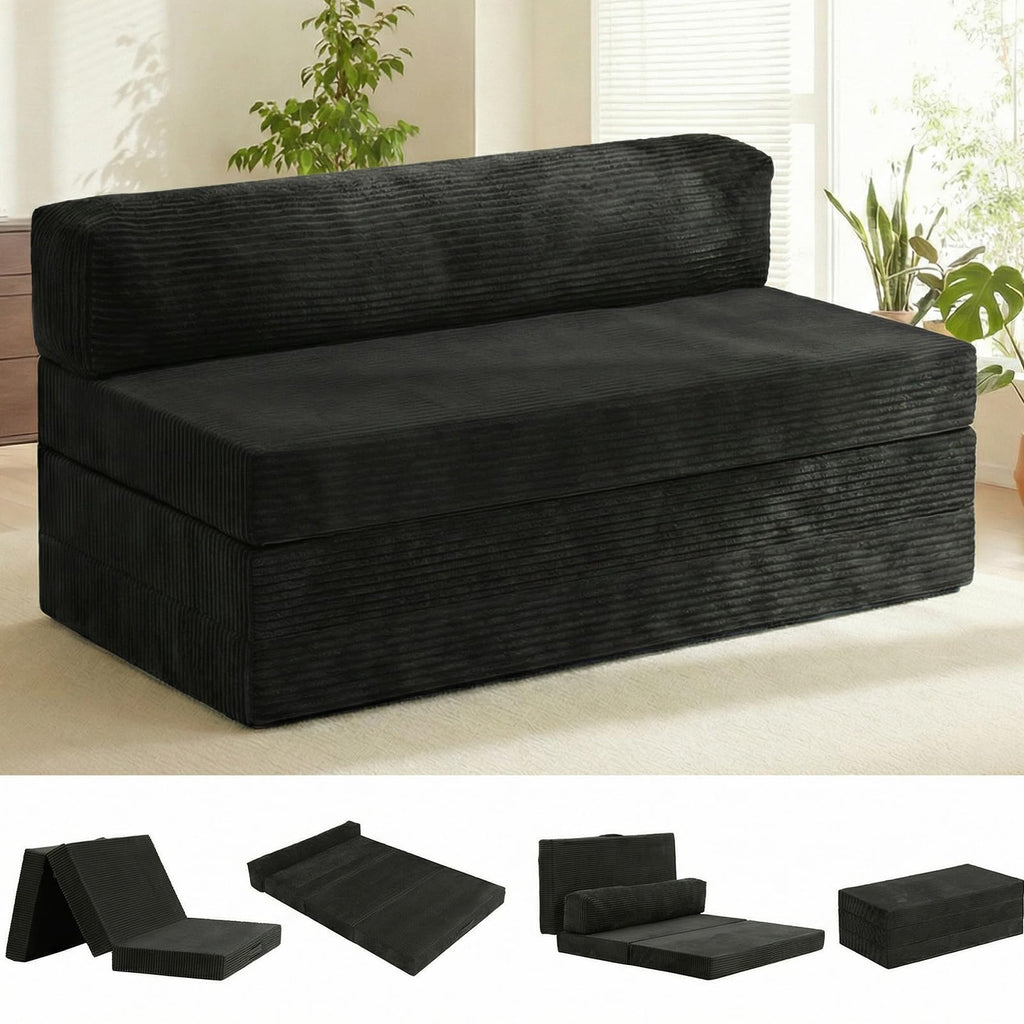 J02,5-in-1 Corduroy Convertible Sofa Bed, Full Size Boneless Loveseat with Washable Cover, Grey