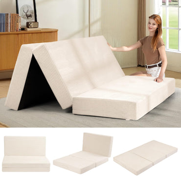 A-008,6" Queen Tri-Fold Futon Mattress, Foldable Sofa Bed, Washable Cover, Non-Slip Base & Carry Handles
