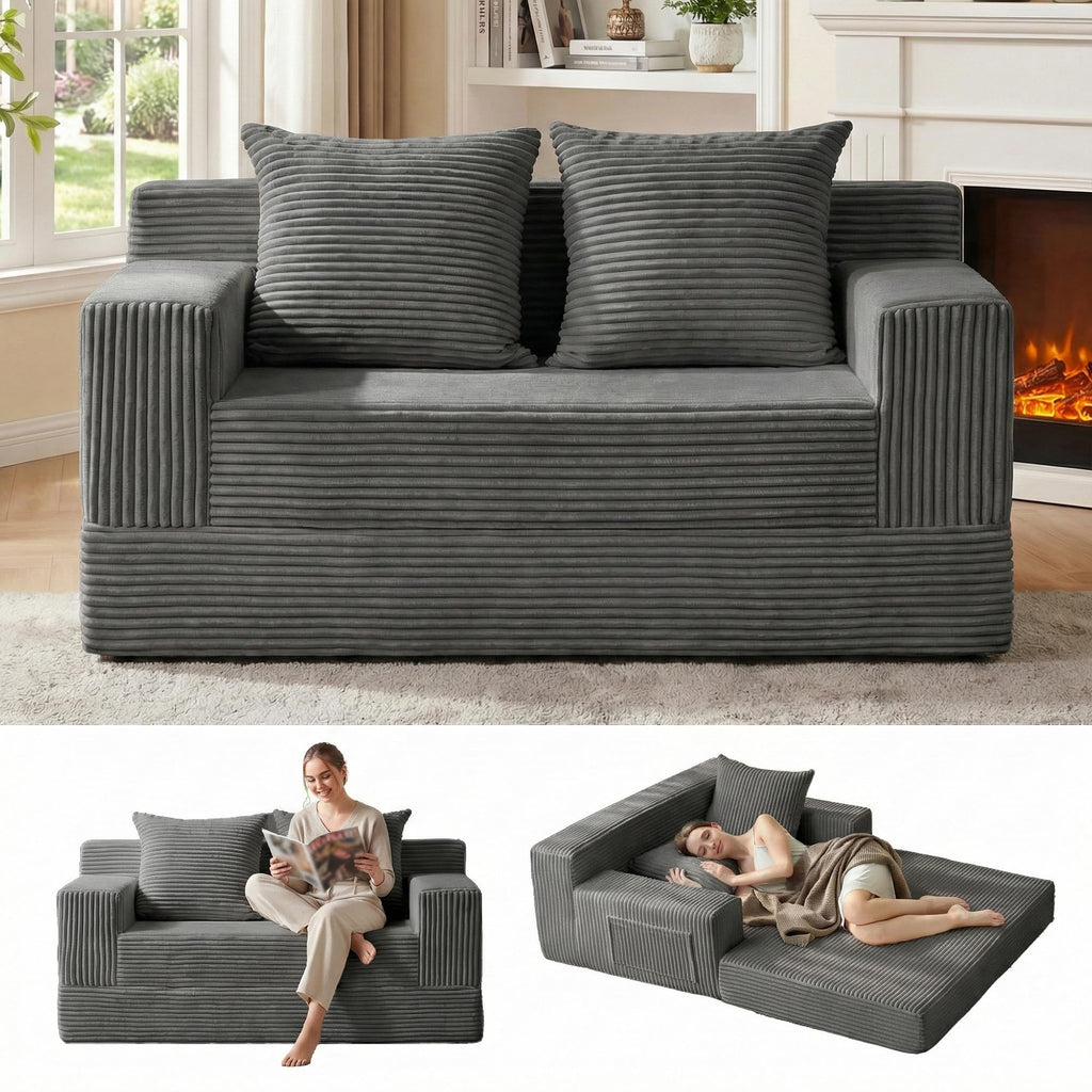 A05,Erament Convertible Corduroy Boneless Sofa Bed, Foldable Floor Futon Loveseat with 2 Pillows