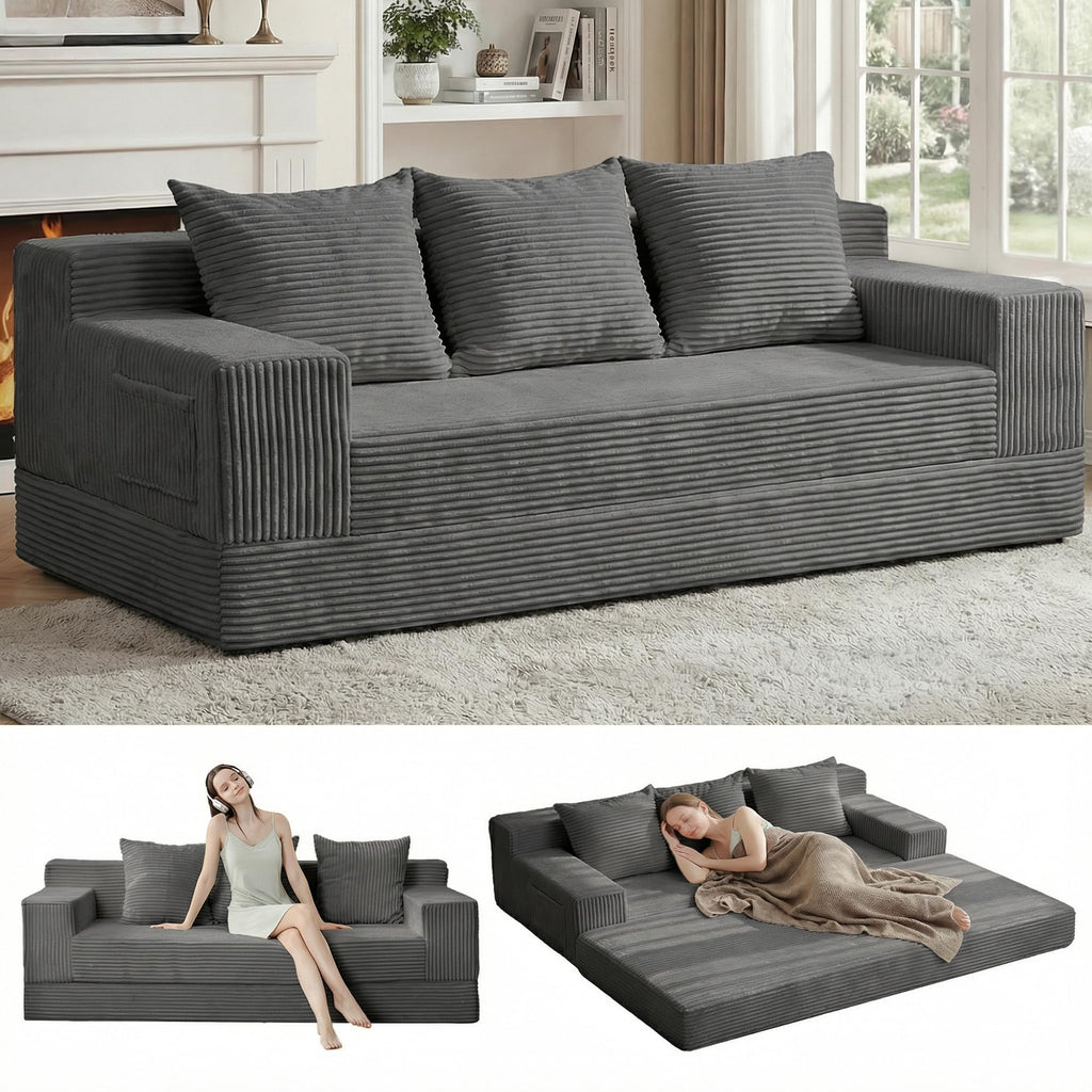A05,Erament Convertible Corduroy Boneless Sofa Bed, Foldable Floor Futon Loveseat with 2 Pillows