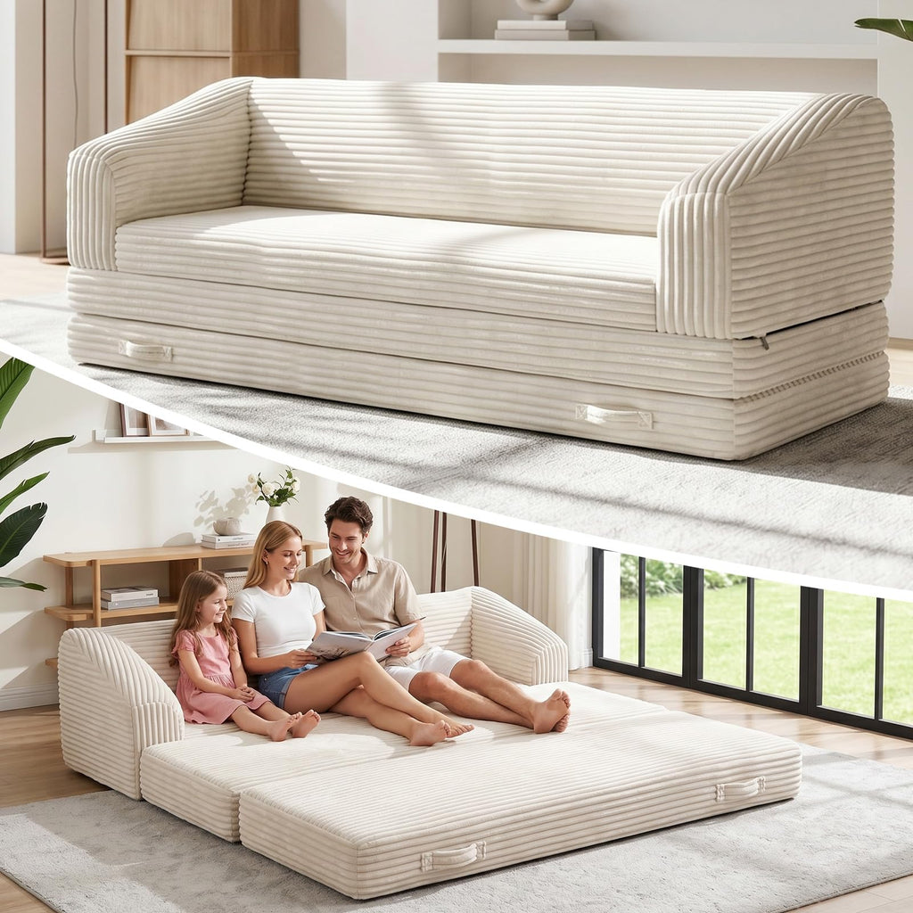 H09,70" 3-in-1 Corduroy Foldable Sofa Bed, Thick Boneless Floor Couch with Handle