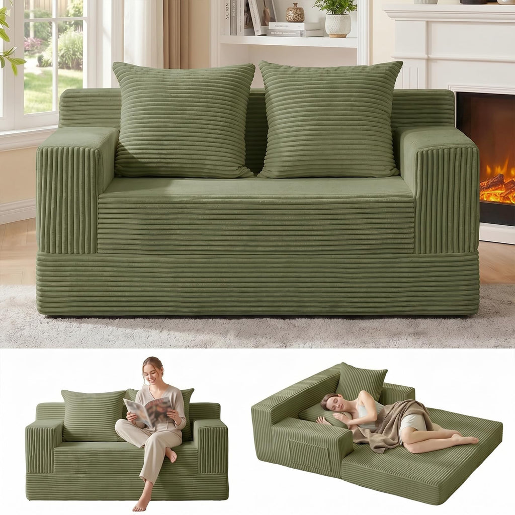A05,Erament Convertible Corduroy Boneless Sofa Bed, Foldable Floor Futon Loveseat with 2 Pillows