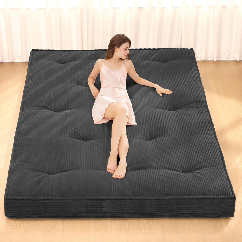 A-010,Full Size 4" Japanese Corduroy Futon Mattress, Foldable Roll-Up Floor Tatami Mat, Black