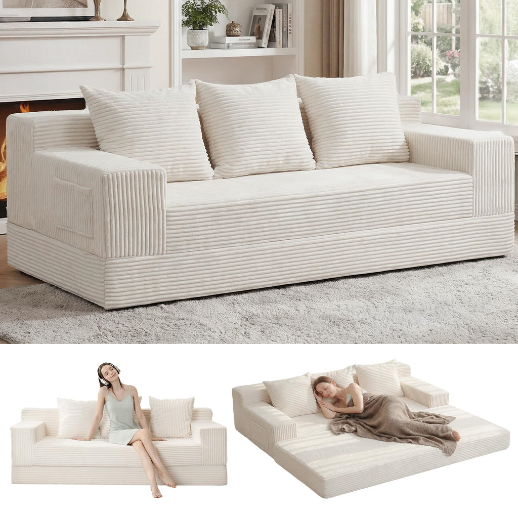 A05,Erament Convertible Corduroy Boneless Sofa Bed, Foldable Floor Futon Loveseat with 2 Pillows