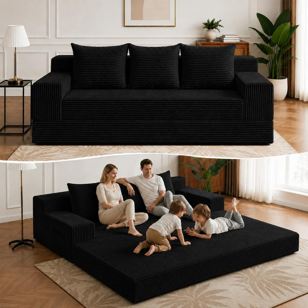 A011,2-in-1 Convertible Corduroy Boneless Sofa Bed, Compression Folding Floor Couch with 3 Pillows