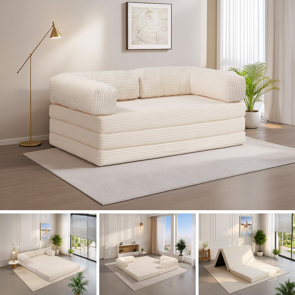 A-006,5-in-1 Convertible Folding Sofa Bed, Tri-Fold Corduroy Boneless Floor Futon with Removable L-Shaped Armrests