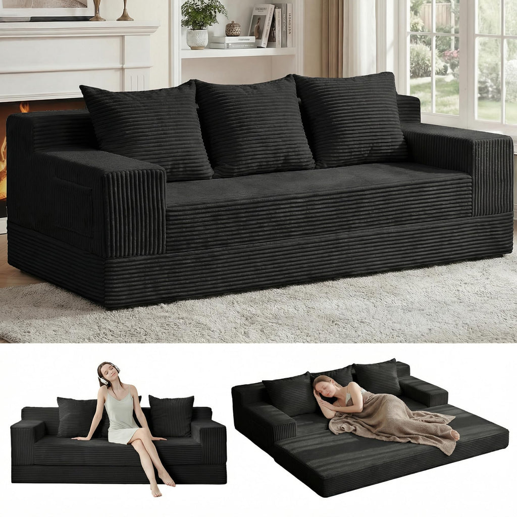 A05,Erament Convertible Corduroy Boneless Sofa Bed, Foldable Floor Futon Loveseat with 2 Pillows
