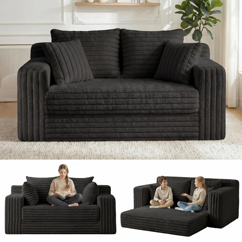 A05,3-in-1 Furry Boneless Sofa Bed, Convertible Loveseat Sleeper with Detachable Cushion & 4 Pillows, No Assembly