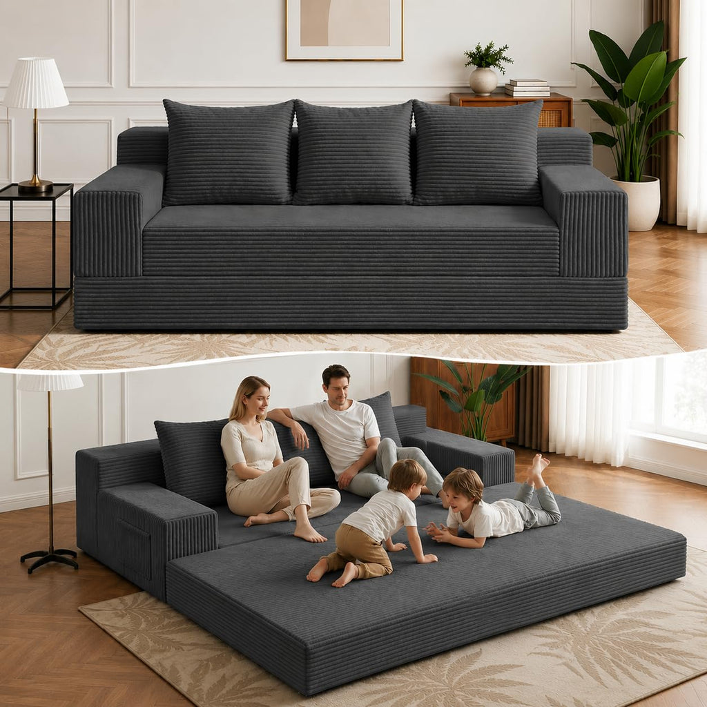 A011,2-in-1 Convertible Corduroy Boneless Sofa Bed, Compression Folding Floor Couch with 3 Pillows