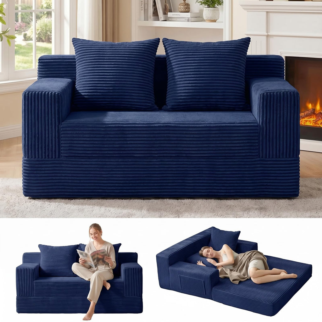 A05,Erament Convertible Corduroy Boneless Sofa Bed, Foldable Floor Futon Loveseat with 2 Pillows
