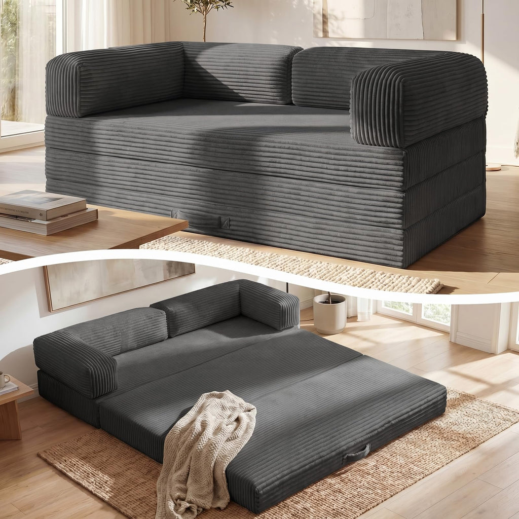 A-004,Erament Queen Tri-Fold Futon Sofa Bed, Removable Armrests & Washable Cover, High Density Foam