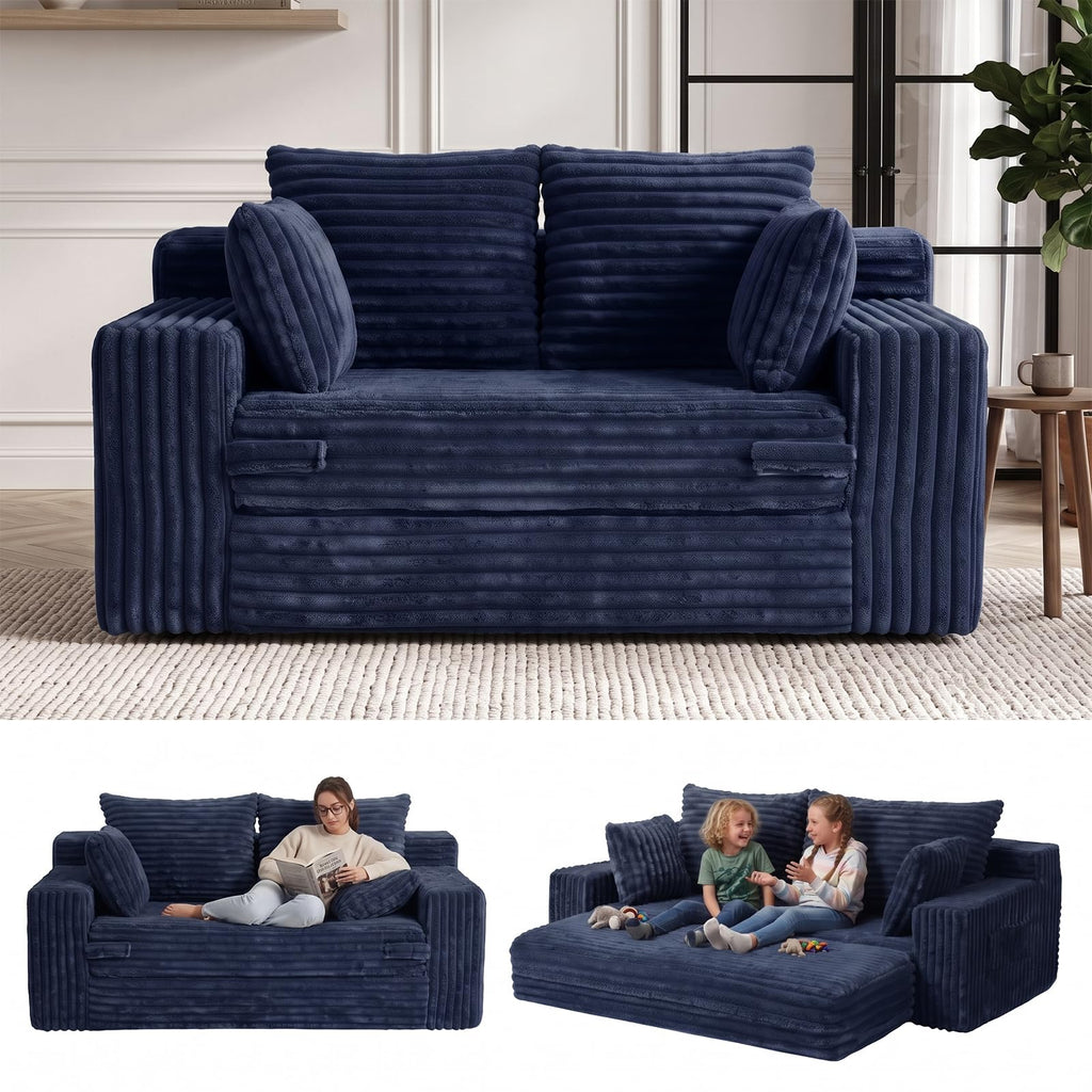 A05,3-in-1 Furry Boneless Sofa Bed, Convertible Loveseat Sleeper with Detachable Cushion & 4 Pillows, No Assembly