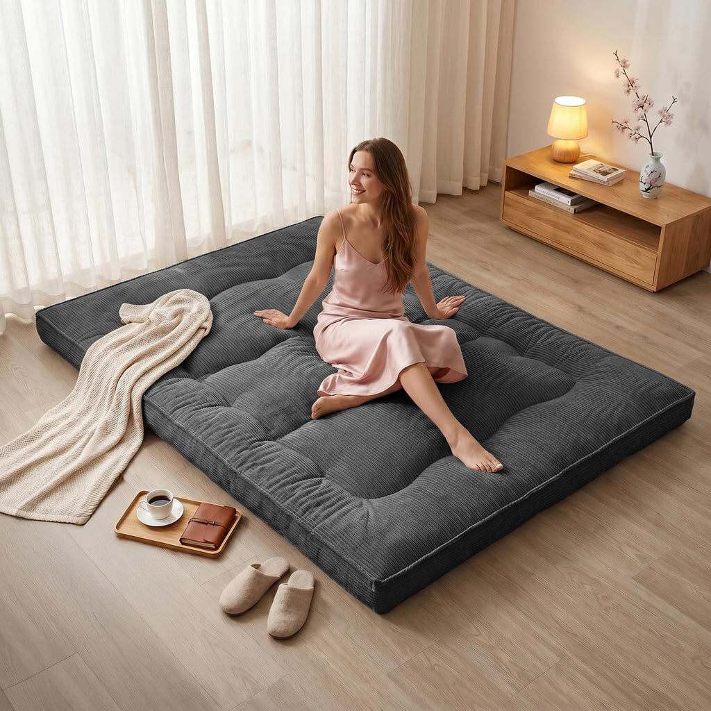 A-010,Full Size 4" Japanese Corduroy Futon Mattress, Foldable Roll-Up Floor Tatami Mat, Black