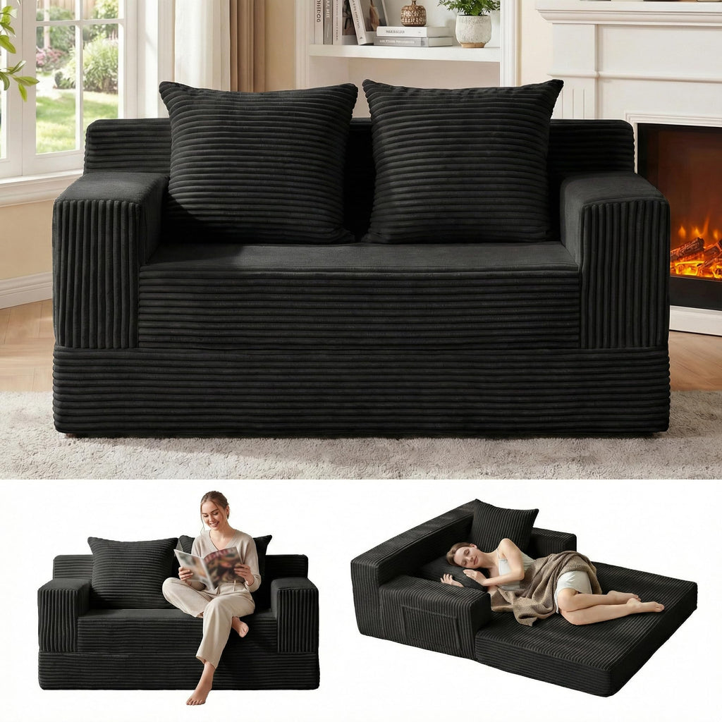 A05,Erament Convertible Corduroy Boneless Sofa Bed, Foldable Floor Futon Loveseat with 2 Pillows