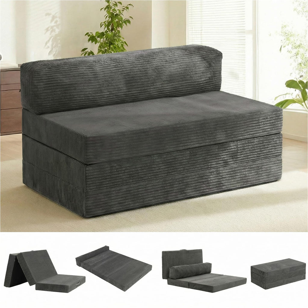 J02,5-in-1 Corduroy Convertible Sofa Bed, Full Size Boneless Loveseat with Washable Cover, Grey