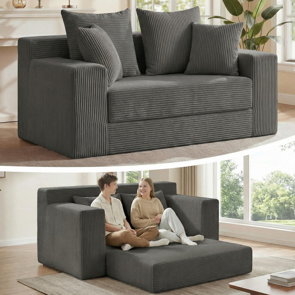 A05,3-in-1 Furry Boneless Sofa Bed, Convertible Loveseat Sleeper with Detachable Cushion & 4 Pillows, No Assembly