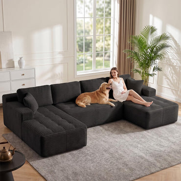 A-002,Oversized U-Shaped Corduroy Cloud Sectional Sofa, Deep Seat Boneless Modular Couch, No Assembly
