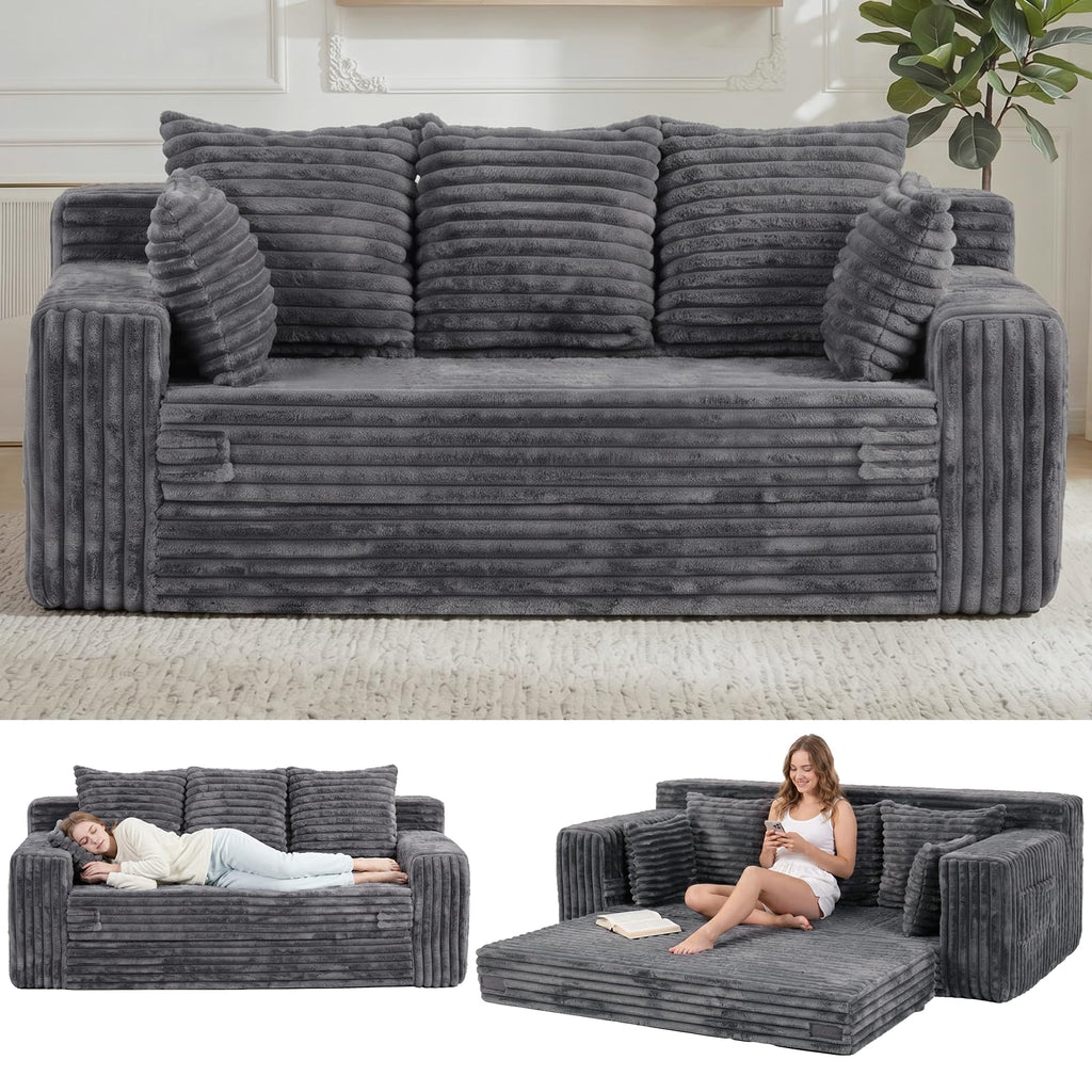 A05,3-in-1 Furry Boneless Sofa Bed, Convertible Loveseat Sleeper with Detachable Cushion & 4 Pillows, No Assembly