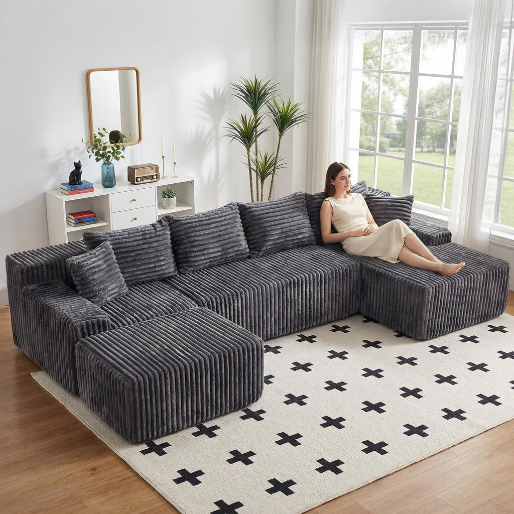 A-002,Oversized U-Shaped Corduroy Cloud Sectional Sofa, Deep Seat Boneless Modular Couch, No Assembly