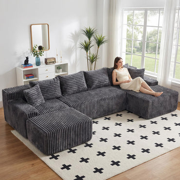 A-002,Oversized U-Shaped Corduroy Cloud Sectional Sofa, Deep Seat Boneless Modular Couch, No Assembly