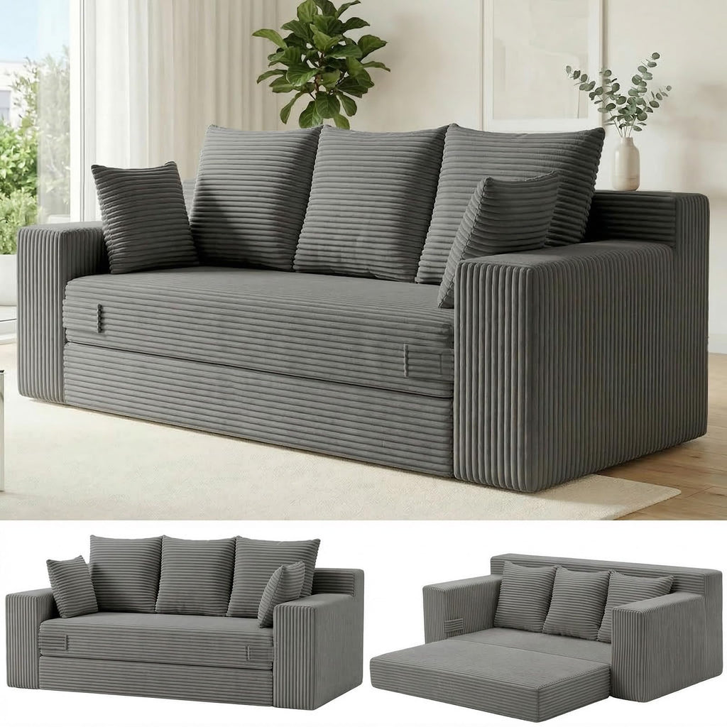 A-007,5-in-1 Convertible Corduroy Boneless Loveseat Sofa Bed with Ottoman, No Assembly