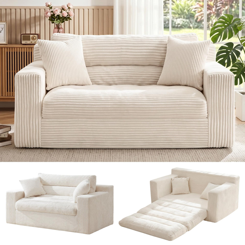 A08,2-in-1 Boneless Loveseat Sofa Bed, Fold Out Floor Couch with Pillows, Beige