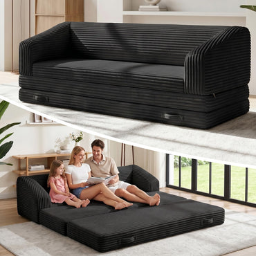 H09,70" 3-in-1 Corduroy Foldable Sofa Bed, Thick Boneless Floor Couch with Handle