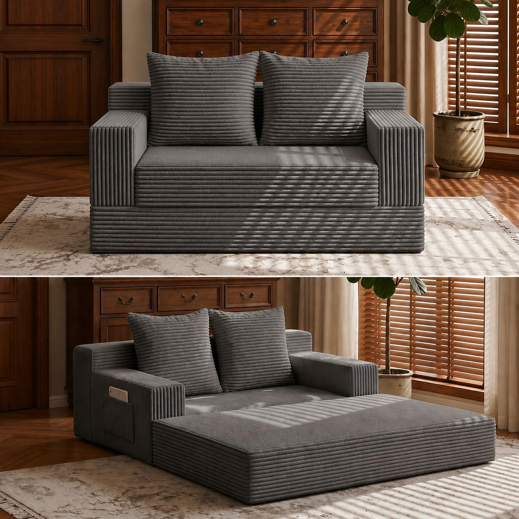 A011,2-in-1 Convertible Corduroy Boneless Sofa Bed, Compression Folding Floor Couch with 3 Pillows